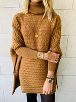 Camel Cable Knit High Neck Poncho