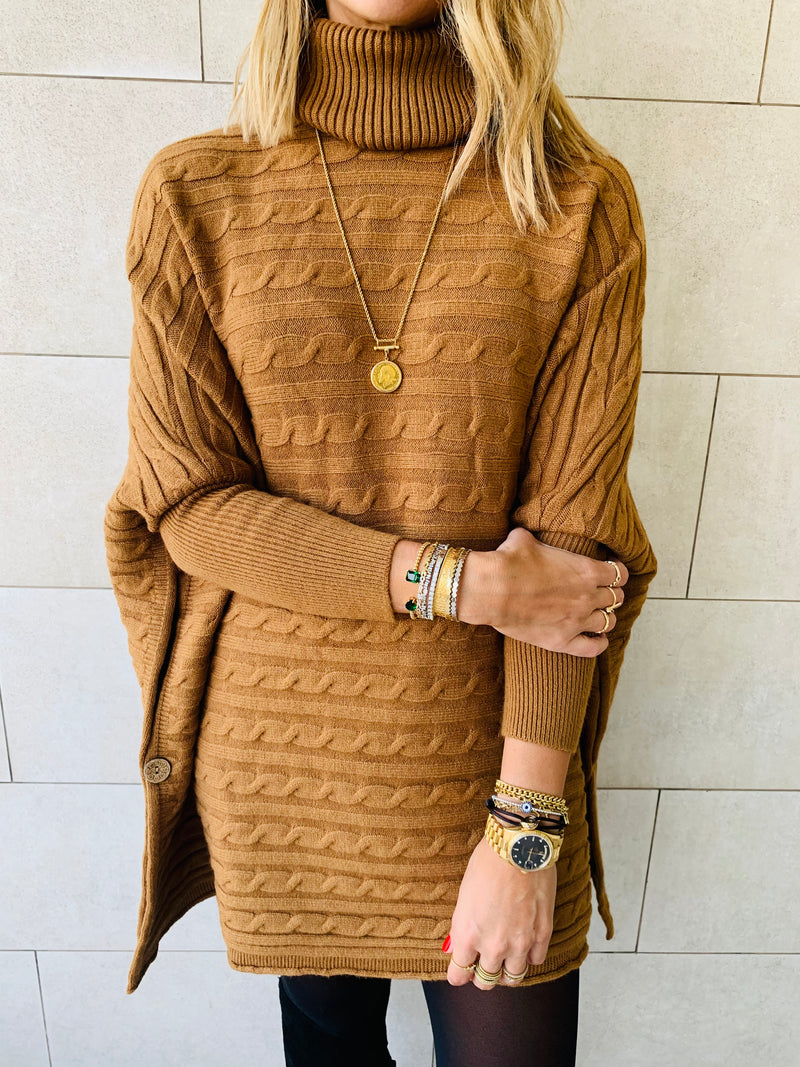 Camel Cable Knit High Neck Poncho