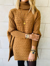 Camel Cable Knit High Neck Poncho