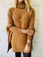 Camel Cable Knit High Neck Poncho