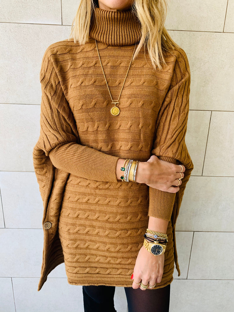 Camel Cable Knit High Neck Poncho