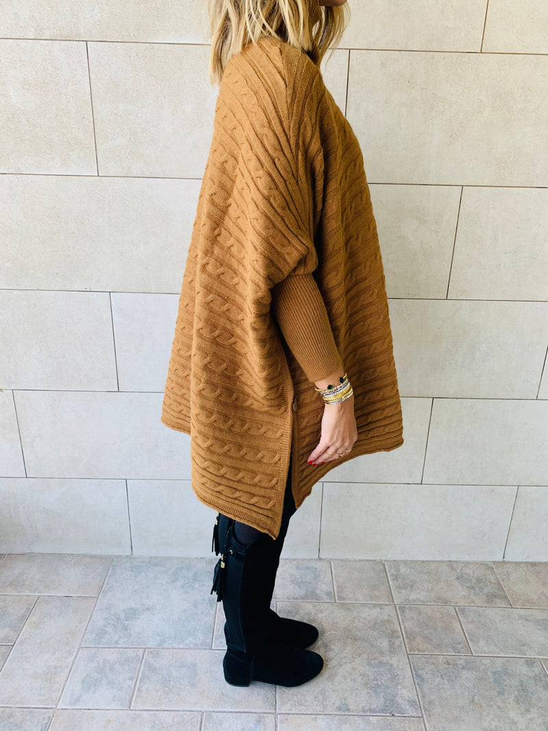 Camel Cable Knit High Neck Poncho