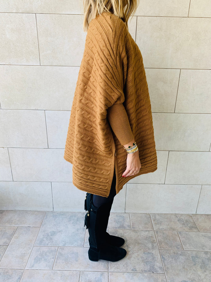 Camel Cable Knit High Neck Poncho