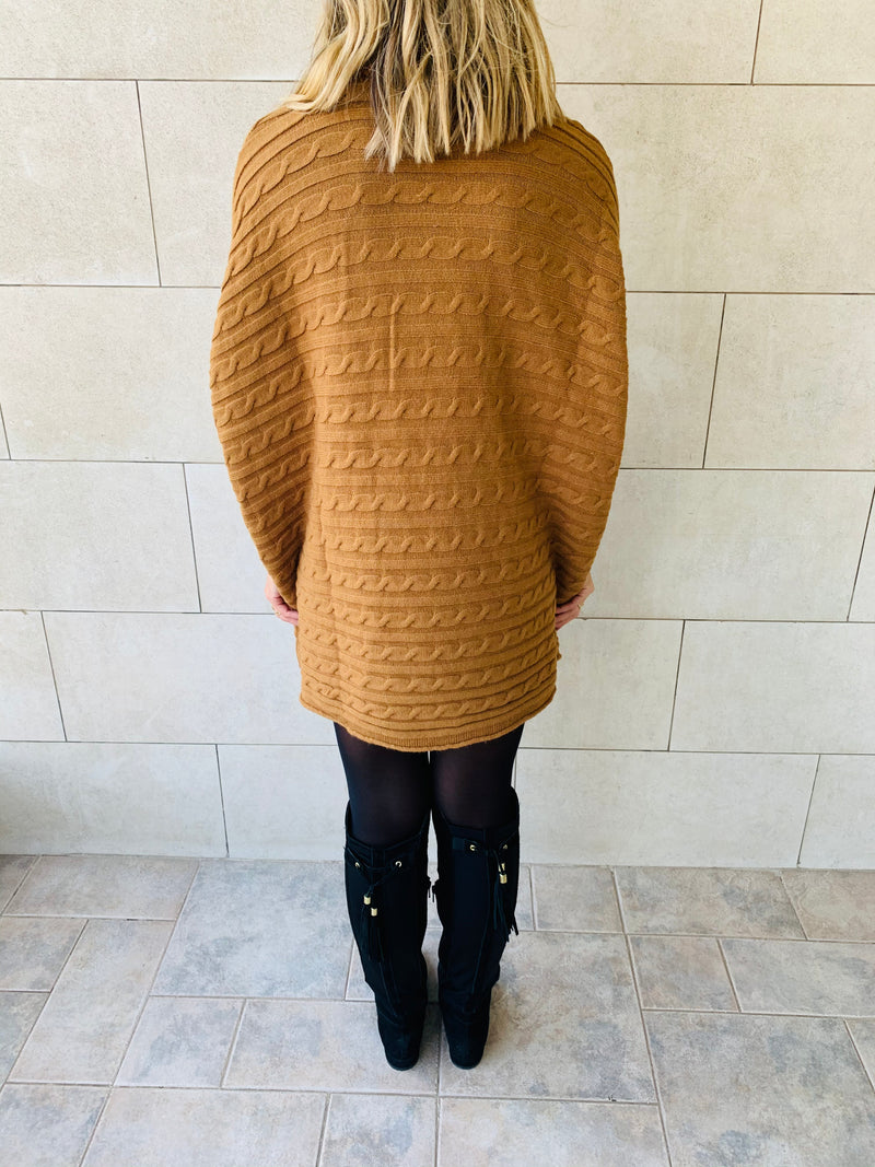 Camel Cable Knit High Neck Poncho