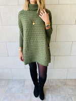 Olive Cable Knit High Neck Poncho