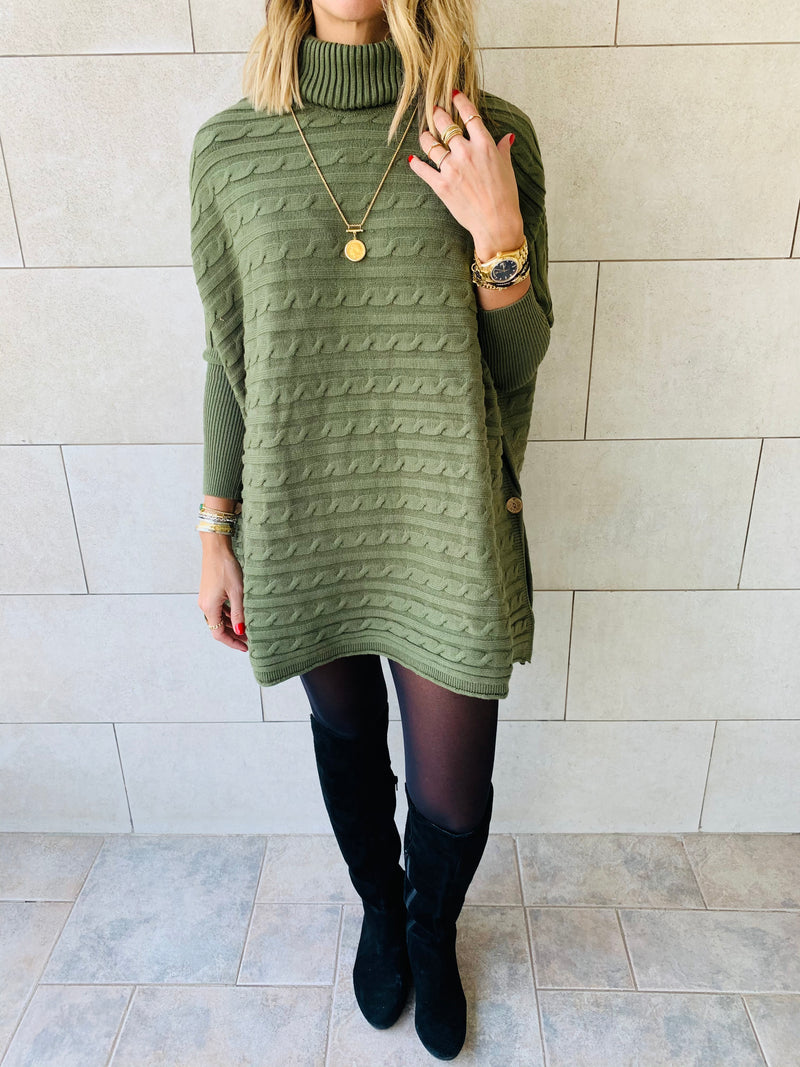 Olive Cable Knit High Neck Poncho