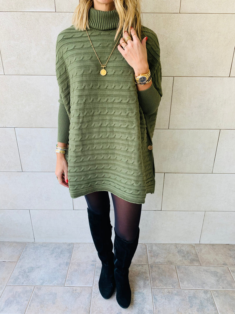 Olive Cable Knit High Neck Poncho