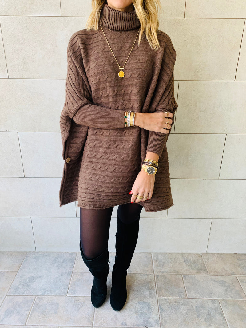 Brown Cable Knit High Neck Poncho