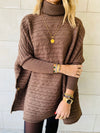 Brown Cable Knit High Neck Poncho