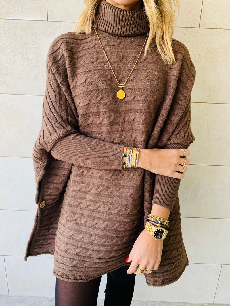Brown Cable Knit High Neck Poncho