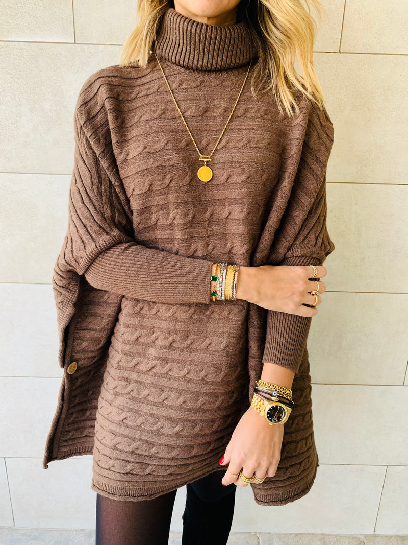 Brown Cable Knit High Neck Poncho