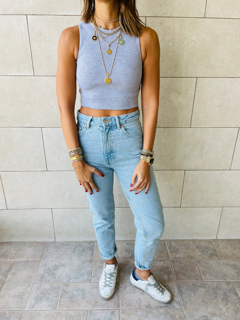 Aqua & Grey Crew Crop Top