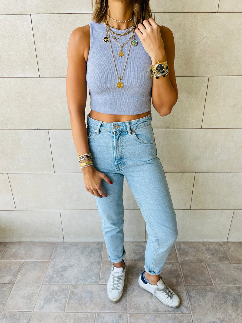 Aqua & Grey Crew Crop Top