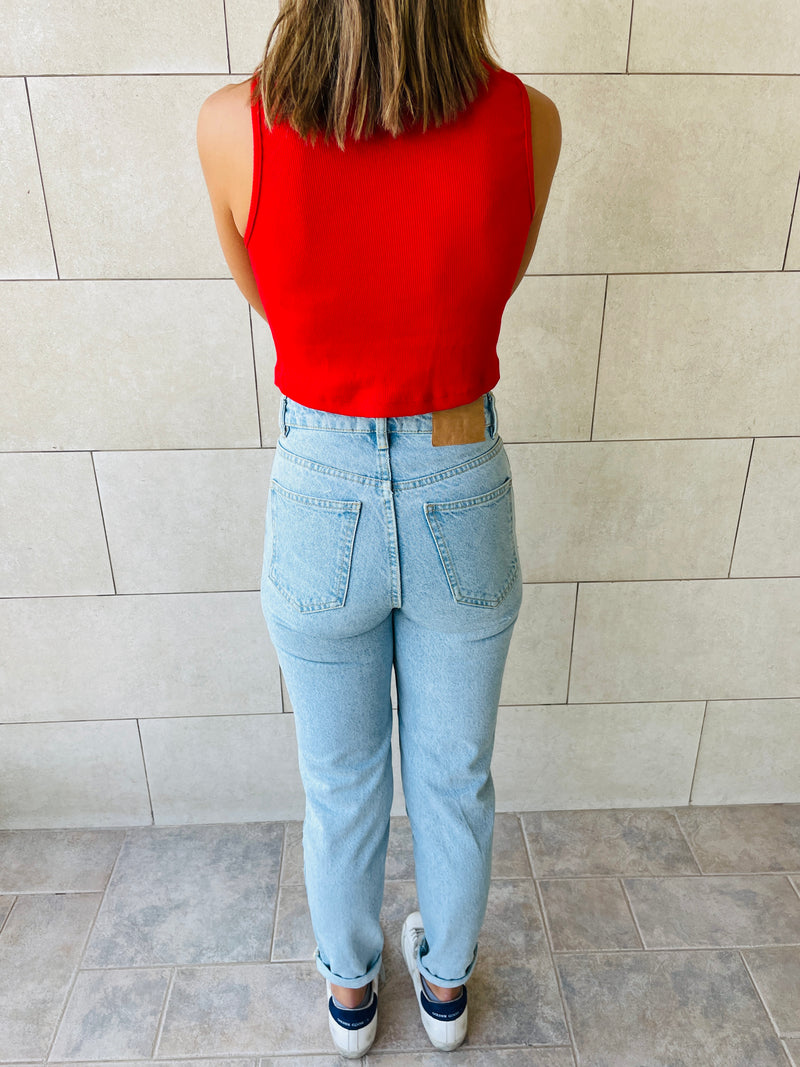 White & Beige & Red Crew Crop Top