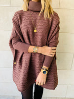 Latte Cable Knit High Neck Poncho