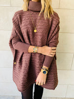 Latte Cable Knit High Neck Poncho