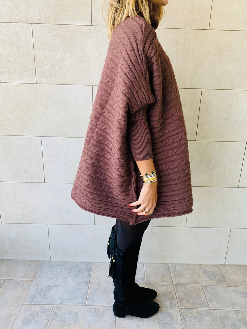 Latte Cable Knit High Neck Poncho