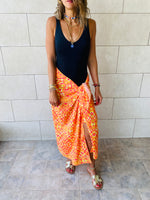 Orange Printed Pareo Wrap Skirt