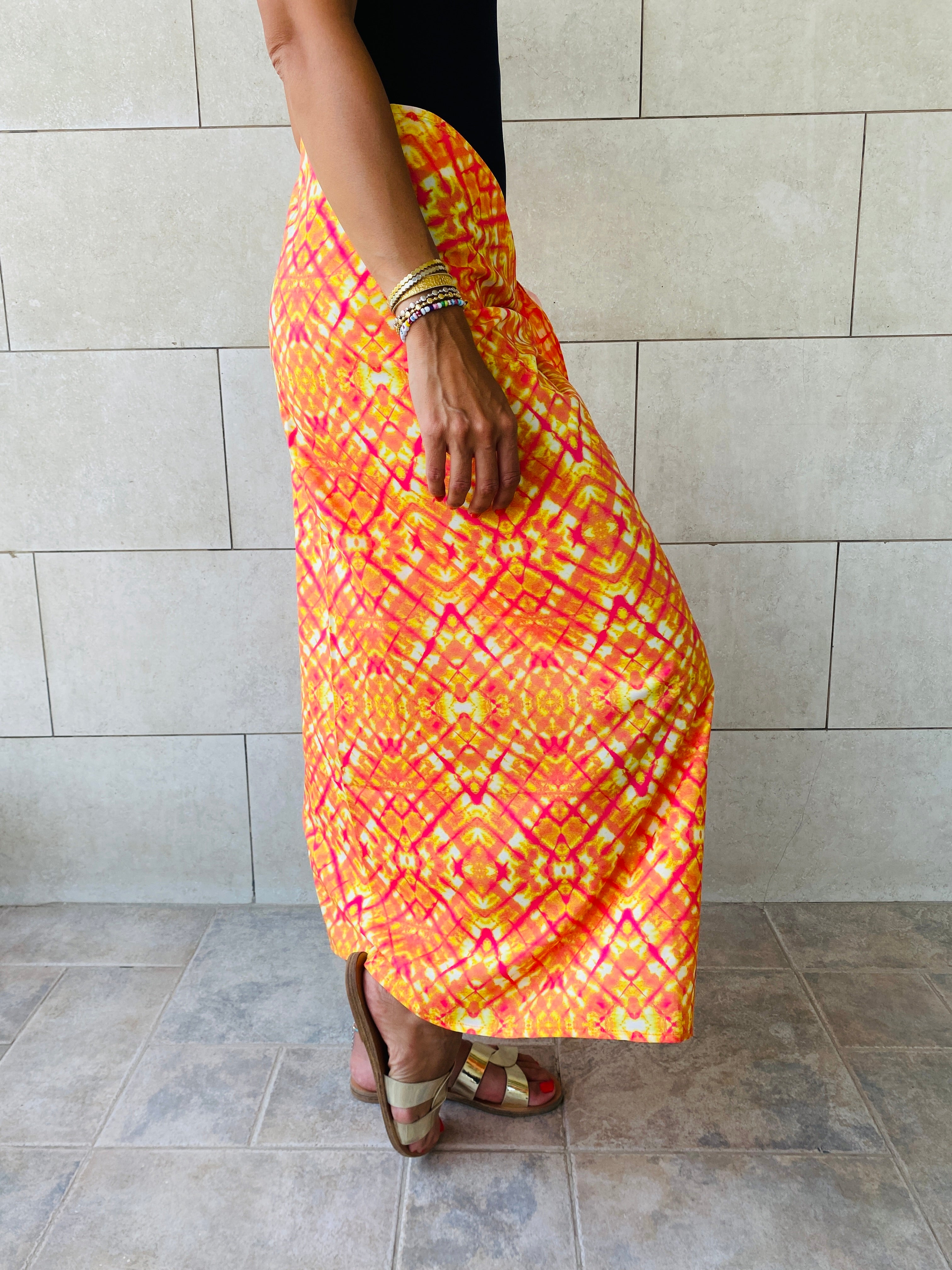 Orange Printed Pareo Wrap Skirt