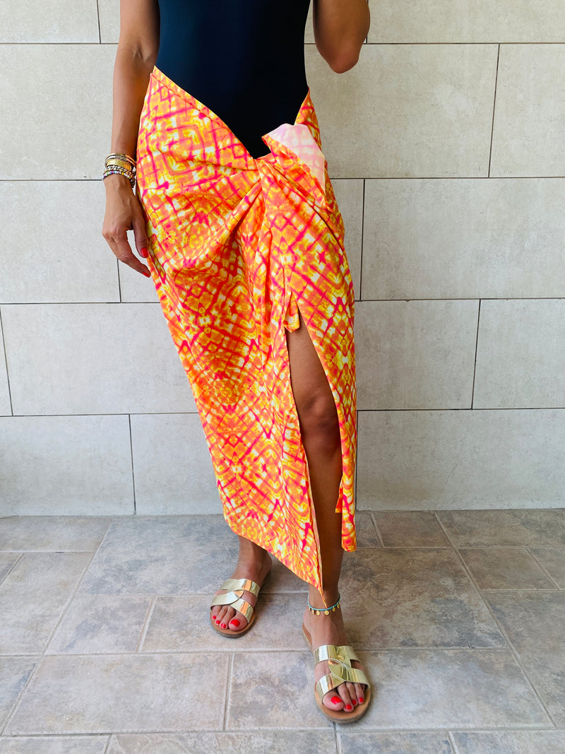 Orange Printed Pareo Wrap Skirt