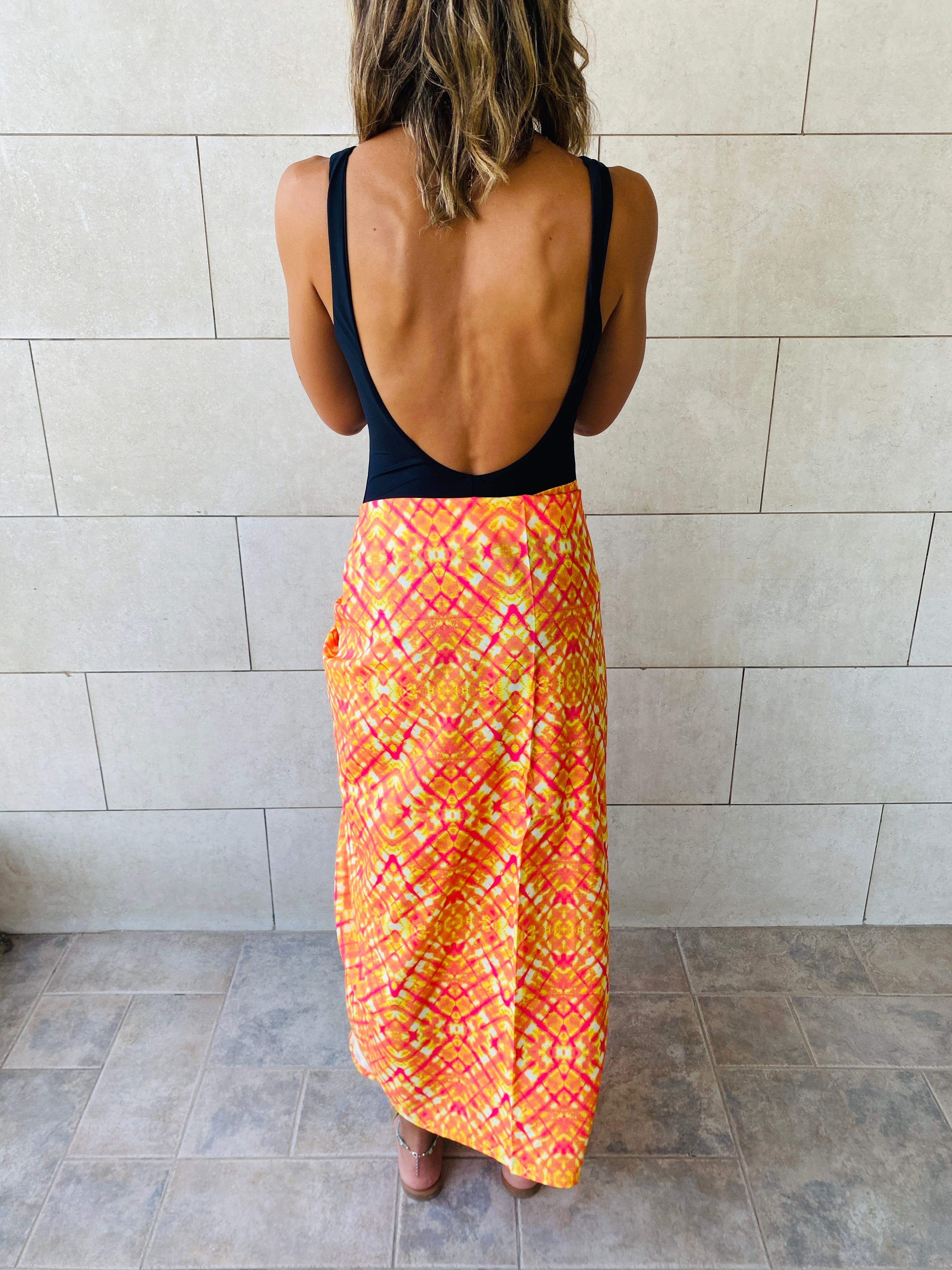 Orange Printed Pareo Wrap Skirt