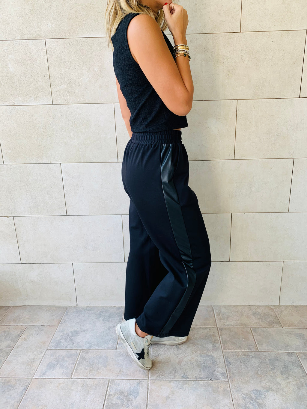 Black Wide Leg Jogger With Side Leather Trim