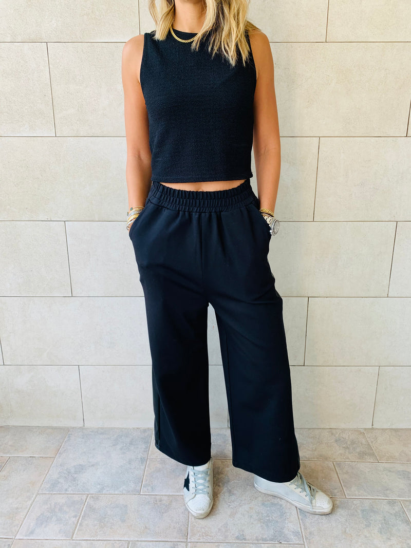 Black Wide Leg Jogger With Side Leather Trim