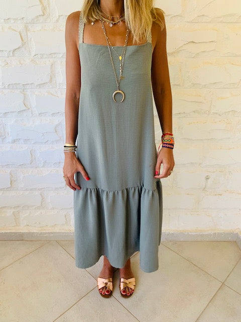 Olive Back Tie Tiered Dress