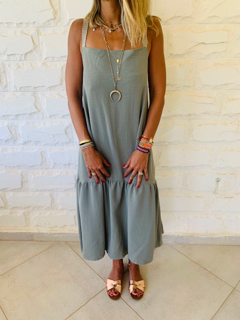 Olive Back Tie Tiered Dress