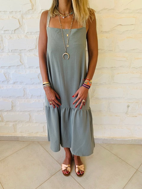 Olive Back Tie Tiered Dress