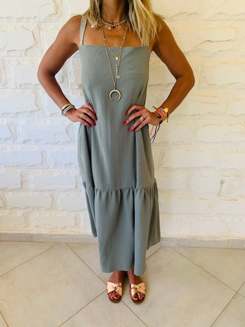 Olive Back Tie Tiered Dress