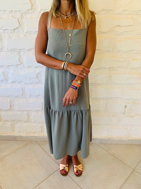Olive Back Tie Tiered Dress