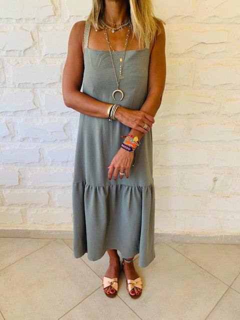 Olive Back Tie Tiered Dress