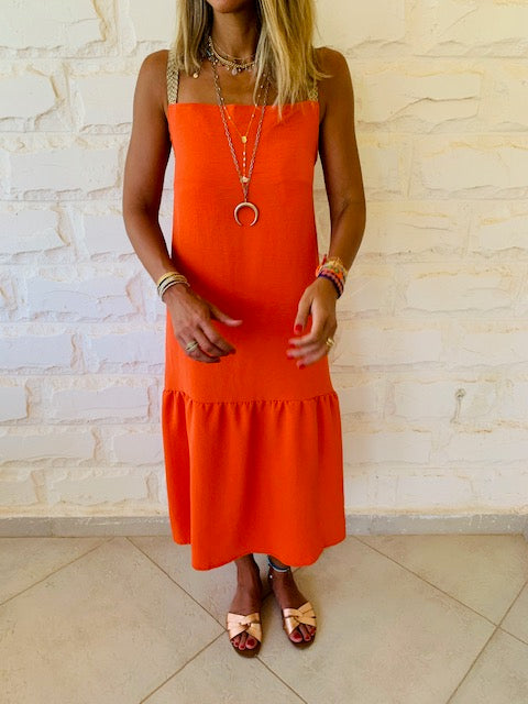 Orange Back Tie Tiered Dress