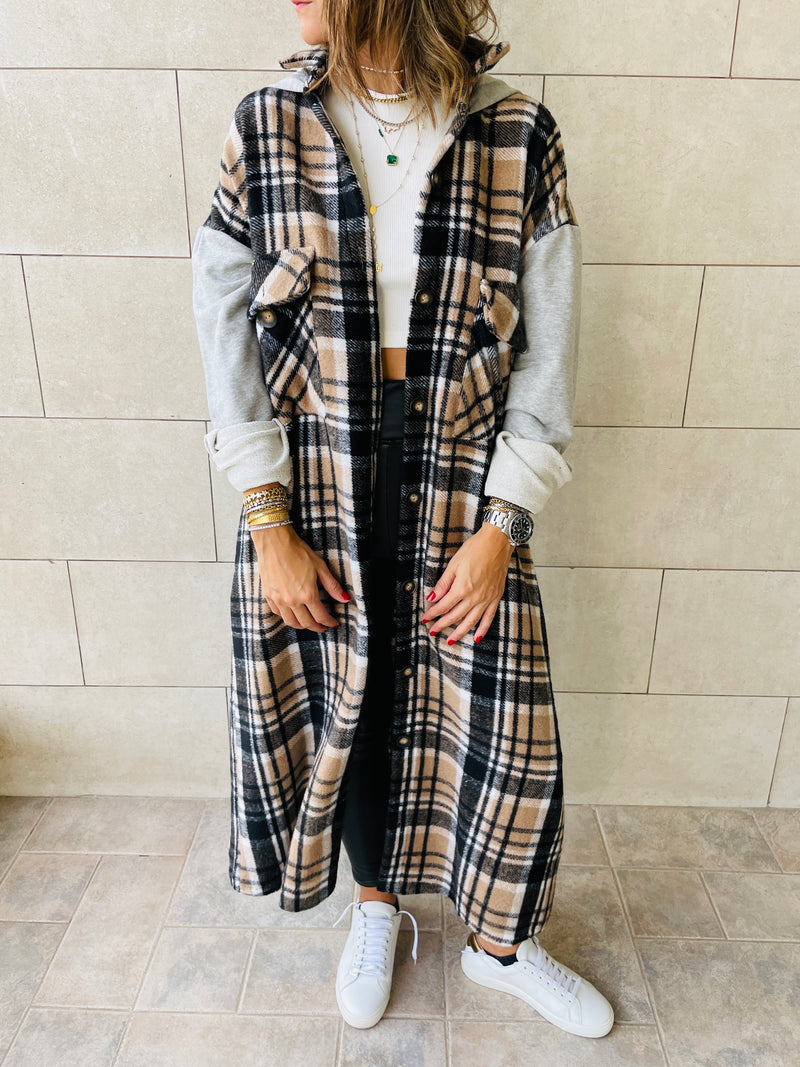 Beige Longline Plaid Overshirt