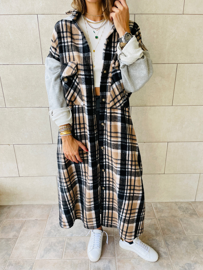 Beige Longline Plaid Overshirt