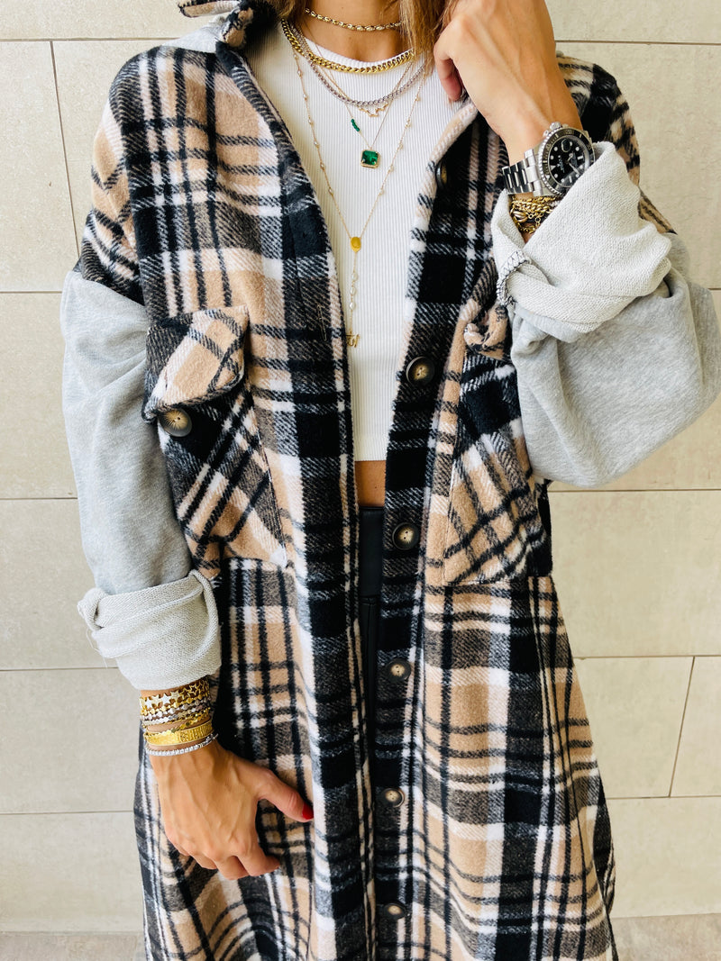 Beige Longline Plaid Overshirt