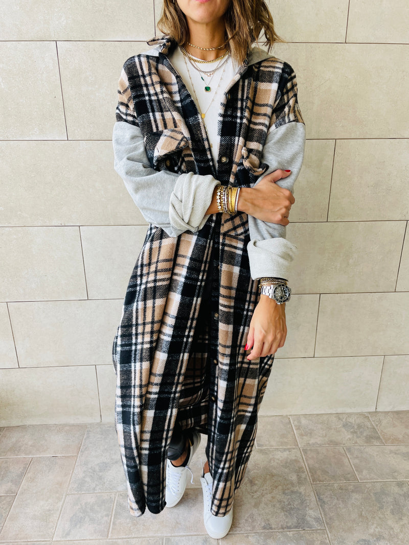 Beige Longline Plaid Overshirt
