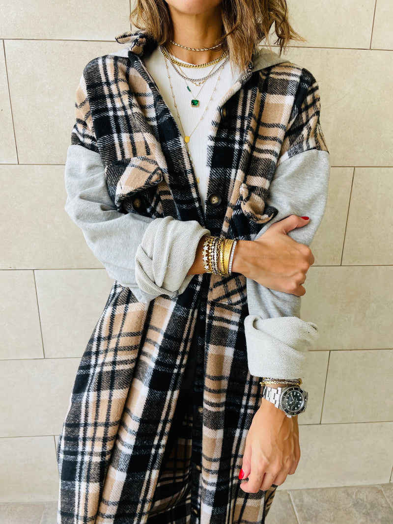 Beige Longline Plaid Overshirt