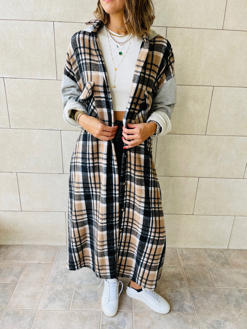 Beige Longline Plaid Overshirt