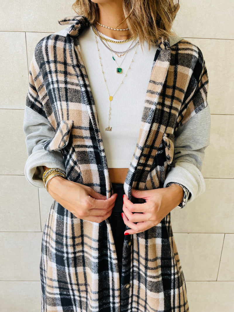 Beige Longline Plaid Overshirt