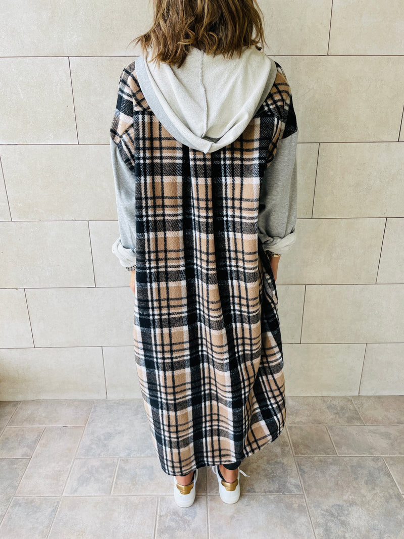 Beige Longline Plaid Overshirt
