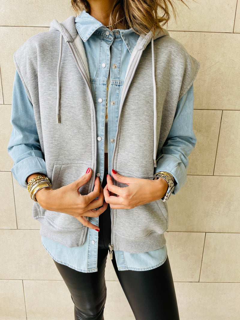 Grey Sleeveless Zip Up Hoodie