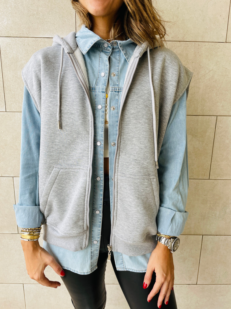Grey Sleeveless Zip Up Hoodie
