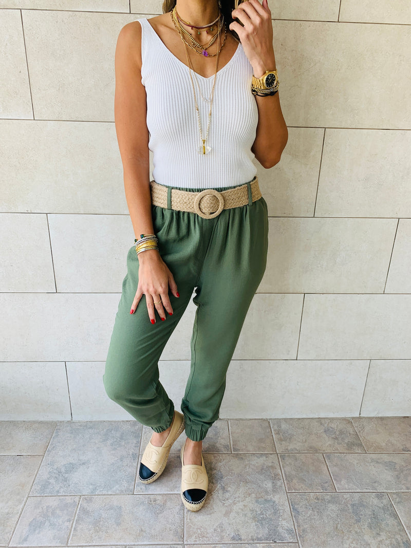 Olive Belted Pants