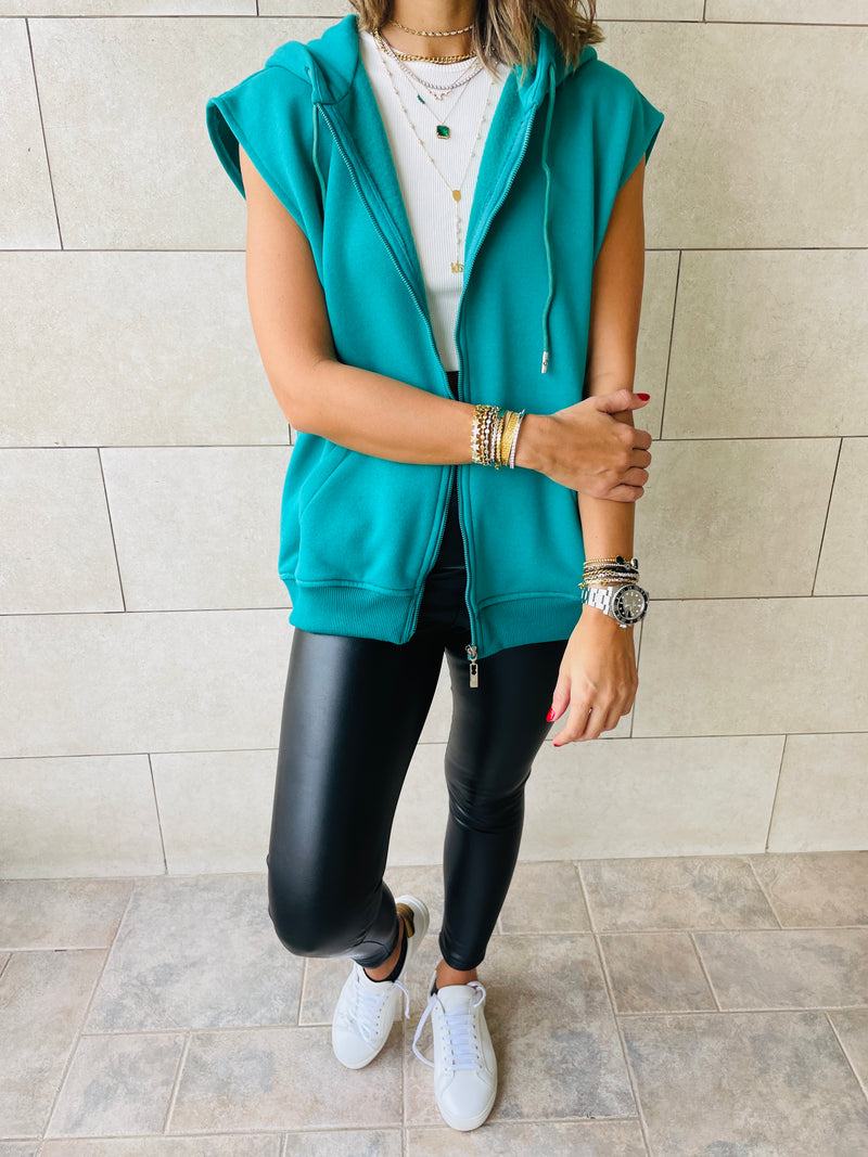 Teal Sleeveless Zip Up Hoodie
