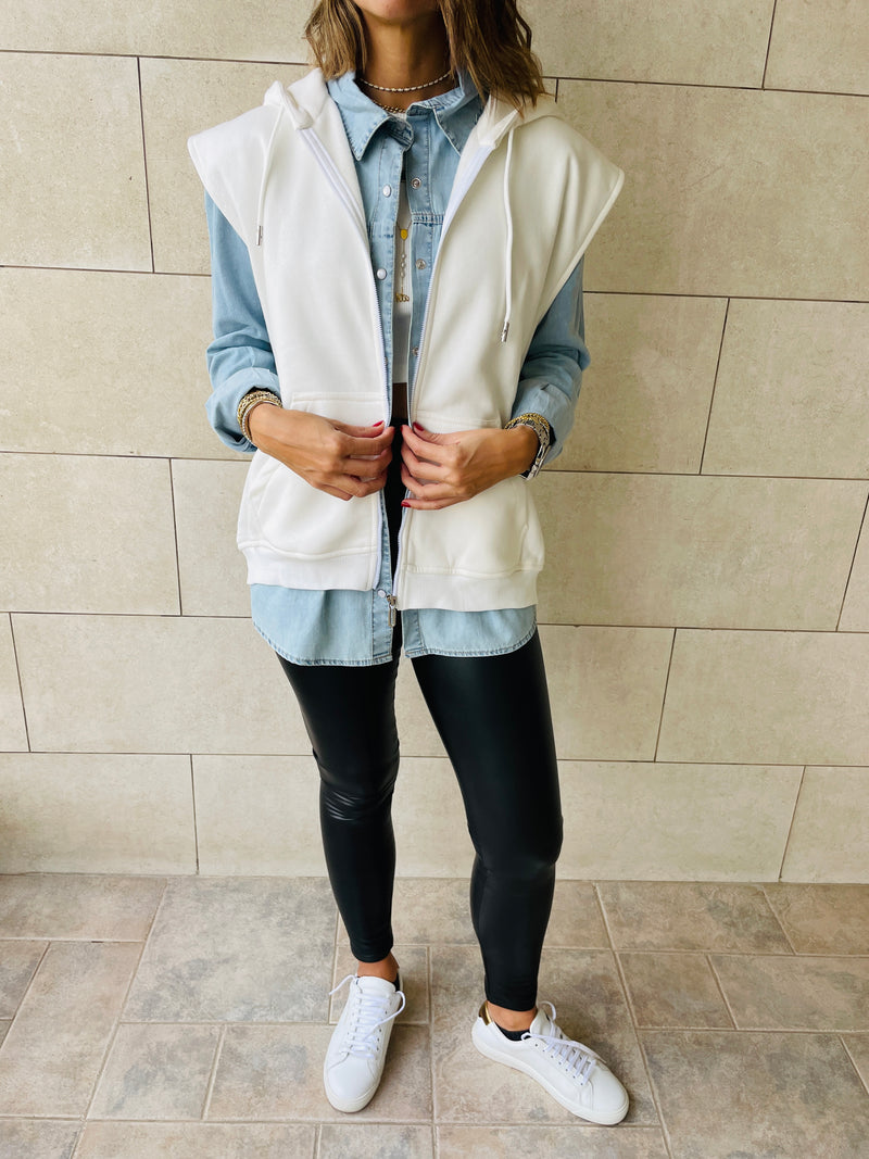 White Sleeveless Zip Up Hoodie