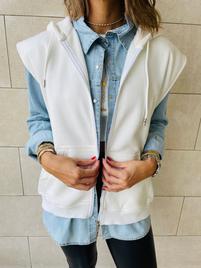 White Sleeveless Zip Up Hoodie