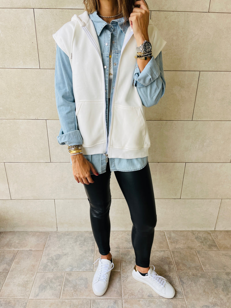 White Sleeveless Zip Up Hoodie