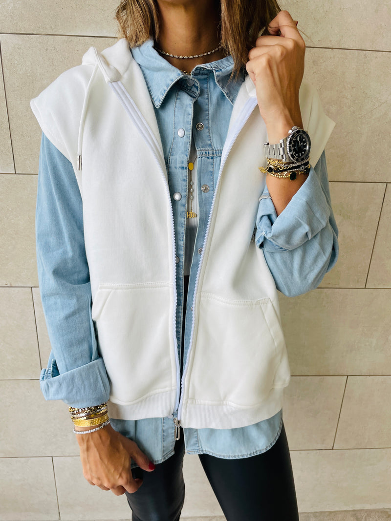 White Sleeveless Zip Up Hoodie